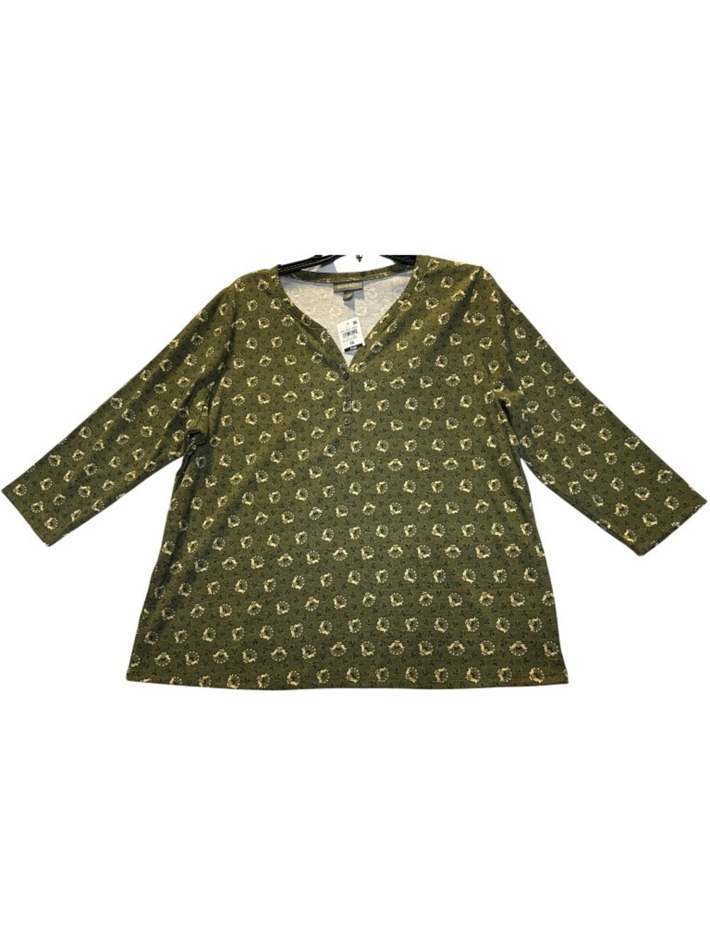 Style & Co Womens Plus Size 1X Green Floral Henley Top With 3/4 Sleeves Lightwei